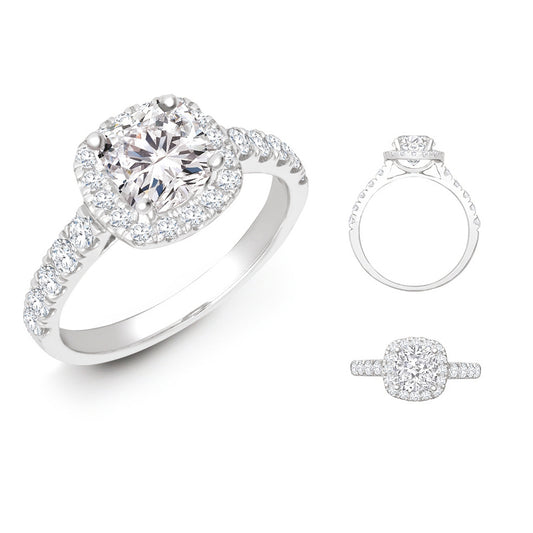 18ct White Gold 0.33ct Natural Diamond Micro-set Cushion-shaped Halo and Shoulders Wed-fit Ring Mount + 0.25ct Diamond