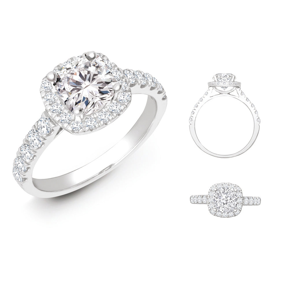 950 Platinum Gold 0.33ct Natural Diamond Micro-set Cushion-shaped Halo and Shoulders Wed-fit Ring Mount + 0.25ct Diamond